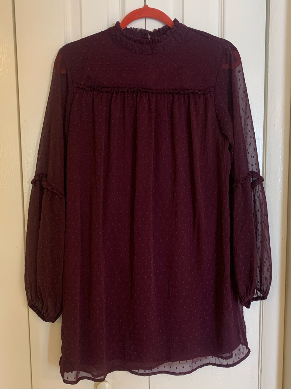 Japna Burgundy Swiss Dot Ruffle Neck Sheer Sleeve Blouse
